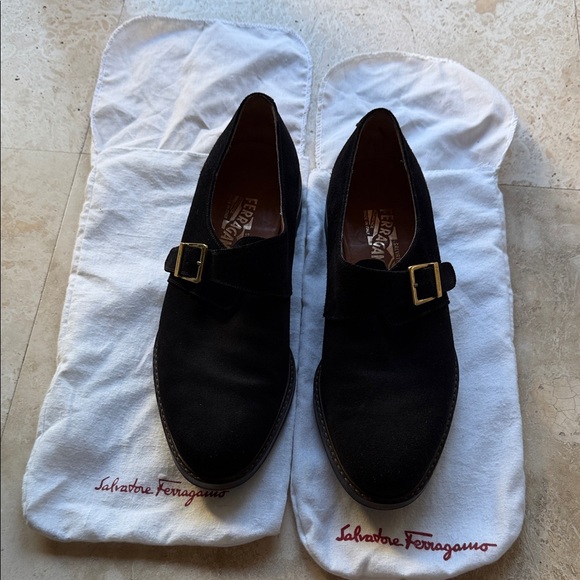 Salvatore Ferragamo Black Suede Monk Strap Oxfords with Gold Buckles main image 4